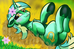 Size: 3072x2048 | Tagged: safe, alternate version, artist:maonyman, lyra heartstrings, pony, unicorn, g4, blurry background, blushing, butt, chest fluff, comfy, dock, female, field, floppy ears, flower, flower in hair, food, grass, high res, looking at you, lying down, lying in grass, mare, on back, plot, raised hoof, raised hooves, shading, shading practice, shoulder fluff, smiling, smirk, solo, tail, underhoof, wheat