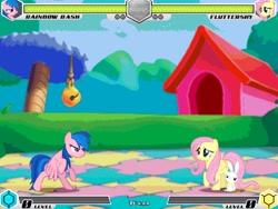 Size: 994x746 | Tagged: safe, artist:tom artista, angel bunny, firefly, fluttershy, rainbow dash, pegasus, pony, fighting is magic, g4, bipedal, colored, colorful, crossover, fan game, game screencap, grass, house, new, puzzle, rattle, stage