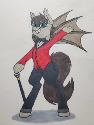 Size: 3024x4032 | Tagged: safe, artist:rustlerustle, oc, oc only, oc:cornerstone, bat pony, pony, bat pony oc, bipedal, cane, clothes, male, smiling, solo, spread wings, suit, traditional art, wings