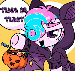 Size: 2100x2000 | Tagged: artist needed, source needed, safe, oc, oc only, oc:sweetie swirl, bat pony, bat pony oc, candy, food, halloween, high res, holiday, nightmare night, pumpkin bucket, simple background, smiling, solo, speech bubble, text, trick or treat
