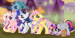 Size: 2609x1337 | Tagged: safe, artist:emberslament, derpy hooves, fluttershy, rarity, oc, oc:bay breeze, pony, g4, testing testing 1-2-3, alicorn costume, bag, baydence, clothes, cosplay, costume, fake horn, fake wings, heart, heart eyes, lunarity, magic, mouth hold, nightmare night costume, paper bag, shylestia, toilet paper roll horn, twilight muffins, wig, wingding eyes