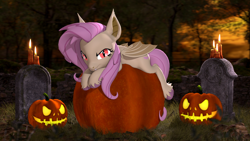 Size: 3840x2160 | Tagged: safe, artist:owlpirate, fluttershy, bat pony, pony, g4, 3d, 4k, bat ponified, candle, female, flutterbat, gravestone, halloween, high res, holiday, jack-o-lantern, lidded eyes, looking at you, lying down, mare, prone, pumpkin, race swap, smiling, smiling at you, solo, source filmmaker