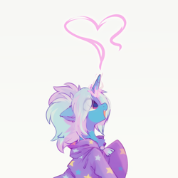 Size: 2000x2000 | Tagged: safe, artist:mirtash, trixie, pony, unicorn, g4, alternate hairstyle, babysitter trixie, clothes, cute, diatrixes, eye clipping through hair, female, glowing, glowing horn, heart, high res, hoodie, horn, looking up, magic, magic aura, mare, open mouth, open smile, simple background, smiling, solo, white background