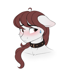 Size: 1684x1765 | Tagged: safe, artist:vetta, oc, oc only, earth pony, anthro, blushing, bust, collar, floppy ears, portrait, simple background, solo, sweat, sweatdrop, white background