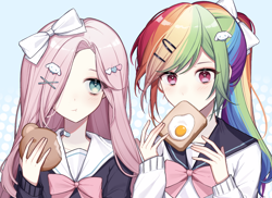 Size: 2258x1640 | Tagged: safe, artist:hfn29852262, fluttershy, rainbow dash, human, g4, alternate hairstyle, anime style, bow, bowtie, bread, clothes, duo, duo female, eating, egg, female, food, hair bow, hair over one eye, humanized, lesbian, mouth hold, ponytail, school uniform, schoolgirl toast, ship:flutterdash, shipping, shirt, toast