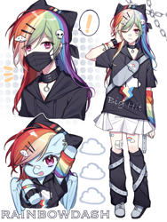 Size: 1536x2048 | Tagged: safe, artist:hfn29852262, part of a set, rainbow dash, human, pegasus, pony, g4, arm behind head, arm warmers, bandaid, bandaid on nose, beanie, bracelet, chains, choker, clothes, ear piercing, earring, exclamation point, face mask, hairclip, hat, hooded t-shirt, hoodie, humanized, jewelry, leg warmers, looking at you, magenta eyes, mask, one eye closed, open mouth, piercing, shoes, simple background, skirt, smiling, solo, speech bubble, standing, waving, white background, wink