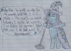 Size: 646x468 | Tagged: safe, artist:mr.myoozik, derpibooru exclusive, trixie, pony, unicorn, g4, bipedal, cape, clothes, eyelashes, eyes closed, female, hat, horn, i've gotta be me, lyrics, mare, microphone, sammy davis jr., singing, solo, song reference, speech bubble, text, traditional art, trixie day, trixie's cape, trixie's hat