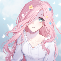 Size: 2048x2048 | Tagged: safe, artist:hfn29852262, fluttershy, human, g4, anime style, female, flower, flower in hair, hair over one eye, high res, humanized, looking at you, solo