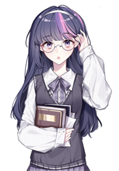 Size: 1640x2360 | Tagged: safe, artist:hfn29852262, twilight sparkle, human, g4, :o, anime style, book, female, glasses, humanized, looking at you, open mouth, simple background, solo, white background