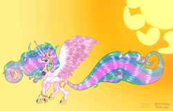 Size: 826x528 | Tagged: safe, artist:gillycynder13, princess celestia, alicorn, pony, g4, concave belly, crown, curly mane, curly tail, female, gradient background, hoof shoes, horn, impossibly long tail, jewelry, large wings, long horn, long mane, peytral, princess shoes, raised hoof, regalia, slender, solo, spread wings, sun, tail, thin, wings