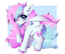 Size: 3000x2500 | Tagged: safe, artist:bizarre_pony, oc, oc only, oc:dyn, pegasus, pony, chest fluff, colored belly, colored wings, eyelashes, female, fluffy, heart, high res, long mane, long tail, looking at you, mare, multicolored hair, multicolored mane, multicolored tail, multicolored wings, pegasus oc, raised hoof, shy, simple background, solo, spread wings, tail, unshorn fetlocks, wings