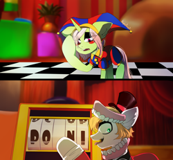 Size: 1750x1615 | Tagged: safe, artist:skyeypony, oc, earth pony, pony, unicorn, caine (tadc), crossover, hat, horn, jester, jester hat, jester outfit, open mouth, parody, pomni, poni, ponified, pun, ringmaster, scene interpretation, scene parody, teeth, the amazing digital circus, tongue out, unicorn oc