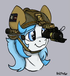 Size: 1133x1235 | Tagged: safe, artist:reddthebat, oc, oc only, oc:musicora melody, pony, blue eyes, blue mane, bust, clothes, female, goggles, gray background, helmet, mare, microphone, military uniform, night vision goggles, operator, portrait, scope, signature, simple background, smiling, soldier, soldier pony, solo, sternocleidomastoid, tactical, uniform