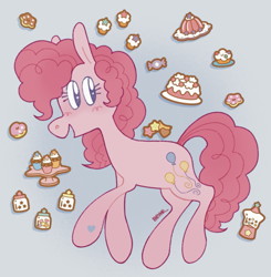 Size: 1267x1291 | Tagged: safe, artist:beyhr, pinkie pie, earth pony, pony, g4, blush scribble, blushing, cake, candy, cookie, cupcake, donut, female, food, gradient background, jello, mare, open mouth, open smile, signature, smiling, solo