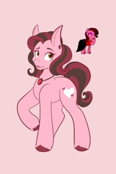 Size: 1366x2048 | Tagged: safe, artist:mscolorsplash, oc, oc only, earth pony, pony, ear piercing, earring, female, jewelry, looking at you, mare, necklace, piercing, pink background, simple background, smiling, smiling at you, solo