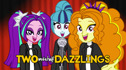 Size: 828x465 | Tagged: safe, artist:chrismc373, adagio dazzle, aria blaze, sonata dusk, human, equestria girls, g4, clothes, microphone, open mouth, open smile, smiling, the dazzlings, tuxedo, two and a half men