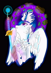 Size: 3508x4961 | Tagged: oc name needed, safe, artist:nergo, oc, oc only, alicorn, pony, alicorn oc, black background, cheek fluff, chest fluff, colored eartips, female, fluffy, horn, looking up, partially open wings, purple eyes, simple background, solo, space, sword, weapon, wings