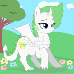 Size: 768x768 | Tagged: safe, artist:jomywolf, oc, oc only, oc:gemlist, dracony, hybrid, flower, hill, interspecies offspring, lidded eyes, offspring, parent:rarity, parent:spike, parents:sparity, raised hoof, smiling, solo, tree, water