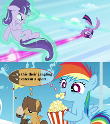 Size: 1280x1440 | Tagged: safe, edit, edited screencap, editor:korora, screencap, dumbbell, hoops, rainbow dash, starlight glimmer, twilight sparkle, alicorn, pony, g4, the cutie re-mark, a midsummer night's dream, blast, colt dumbbell, colt hoops, eating, female, fight, filly, filly rainbow dash, flight camp, food, herbivore, magic, magic aura, magic beam, magic blast, popcorn, thought bubble, twilight sparkle (alicorn), william shakespeare, younger