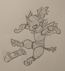 Size: 777x841 | Tagged: safe, artist:jargon scott, oc, oc only, oc:whore bug, changeling, bipedal, changeling oc, female, grayscale, kickflip, monochrome, pencil drawing, skateboard, solo, traditional art