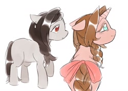 Size: 1280x914 | Tagged: safe, artist:chapaghettii, earth pony, pony, unicorn, aerith gainsborough, bow, braid, braided tail, duo, female, final fantasy, final fantasy vii, mare, no pupils, ponified, simple background, sketch, tail, tail bow, tifa lockhart, white background