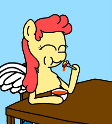 Size: 3023x3351 | Tagged: safe, artist:professorventurer, oc, oc:power star, pony, :3, ^^, eating, eyes closed, fork, high res, hoof hold, ravioli, rule 85, solo, super mario 64, table