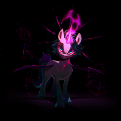 Size: 3200x3200 | Tagged: safe, artist:kraytt-05, oc, oc only, oc:leven, alicorn, bat pony, bat pony alicorn, pony, bat pony oc, bat wings, black background, female, glowing, glowing horn, high res, horn, looking at you, mare, simple background, slit pupils, solo, spread wings, wings