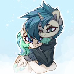 Size: 4096x4096 | Tagged: safe, artist:jfrxd, oc, oc only, pegasus, pony, unicorn, clothes, duo, hug, one eye closed