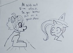 Size: 2000x1450 | Tagged: safe, artist:pony quarantine, trixie, oc, oc:cherry tomatoe, earth pony, pony, unicorn, g4, bust, dialogue, duo, female, floppy ears, frown, grayscale, mare, monochrome, pen drawing, shrunken pupils, traditional art