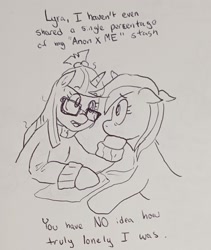 Size: 1553x1842 | Tagged: safe, artist:pony quarantine, lyra heartstrings, moondancer, pony, unicorn, g4, dialogue, duo, female, floppy ears, hoof on chin, looking at each other, looking at someone, mare, pen drawing, traditional art