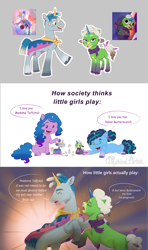 Size: 2560x4311 | Tagged: safe, artist:mythical artist, screencap, izzy moonbow, madame taffytail, misty brightdawn, señor butterscotch, pony, unicorn, g5, it's t.u.e.s. day, misty moves in, my little pony: tell your tale, spoiler:g5, spoiler:my little pony: tell your tale, spoiler:tyts01e09, spoiler:tyts01e65, abstract background, afro puffs, cape, caption, clothes, crying, dialogue, doll, dramatic, dreadlocks, duo, duo male and female, eyes closed, female, filly, filly izzy moonbow, filly misty brightdawn, foal, gray background, high res, intentional spelling error, lying down, male, mare, nose piercing, nose ring, open mouth, open smile, outline, piercing, playing, ponified, pregnant, prone, scarf, screencap reference, shipping, signature, simple background, sitting, smiling, speech bubble, stallion, straight, taffyscotch, teary eyes, text, tongue out, toy, turned head, unshorn fetlocks, white background, white outline, younger