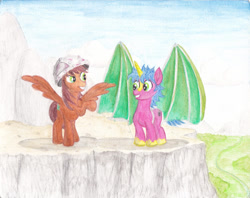 Size: 1280x1012 | Tagged: safe, artist:malte279, oc, oc only, oc:leafhelm, oc:multi purpose, pegasus, pony, unicorn, duo, duo male, flying contraption, grin, helmet, horn, looking at each other, looking at someone, male, pegasus oc, raised hoof, smiling, smiling at each other, spread wings, stallion, traditional art, unicorn oc, watercolor painting, wings