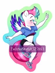Size: 1631x2160 | Tagged: safe, artist:twisted-sketch, zipp storm, pegasus, anthro, plantigrade anthro, g5, belly button, blushing, clothes, female, hoodie, mare, midriff, outline, shoes, short-sleeved sweater, shorts, simple background, sneakers, solo, sports bra, spread wings, white background, wings