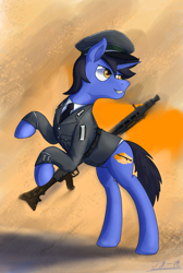 Size: 1446x2153 | Tagged: safe, artist:soursweet cheese, oc, oc only, oc:沙漠一德, pony, unicorn, clothes, mg 42, military pony, military uniform, sand, solo, uniform