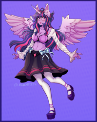 Size: 2030x2549 | Tagged: safe, artist:ramenteeth, twilight sparkle, human, g4, belly button, breasts, busty twilight sparkle, cleavage, clothes, ear fluff, eared humanization, eyebrows, eyebrows visible through hair, female, glasses, high res, horn, horned humanization, humanized, mary janes, meganekko, midriff, pony coloring, sharp horn, shoes, skirt, solo, spread wings, stockings, thigh highs, twilight sparkle (alicorn), winged humanization, wings