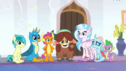 Size: 1920x1080 | Tagged: safe, screencap, gallus, ocellus, sandbar, silverstream, smolder, spike, yona, changedling, changeling, classical hippogriff, dragon, earth pony, griffon, hippogriff, pony, yak, a matter of principals, g4, season 8, animated, bow, cloven hooves, colored hooves, colt, dragoness, female, foal, hair bow, jewelry, male, monkey swings, necklace, student six, teenager