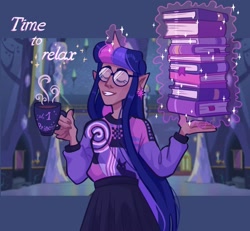 Size: 1440x1331 | Tagged: safe, artist:irisikiki, twilight sparkle, human, g4, book, clothes, dark skin, elf ears, eyes closed, glasses, grin, horn, horned humanization, humanized, moderate dark skin, mug, smiling, solo, sweater, that pony sure does love books, twilight's castle