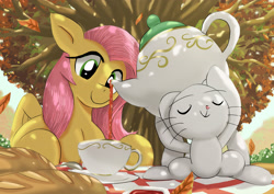 Size: 3508x2480 | Tagged: safe, artist:neoshrek, angel bunny, fluttershy, pegasus, pony, rabbit, g4, animal, autumn, bread, cup, cute, duo, female, food, high res, male, mare, picnic, picnic blanket, shyabetes, smiling, teacup, teapot, tree