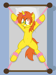 Size: 4371x5805 | Tagged: safe, artist:equestria secret guard, oc, oc only, oc:hazy moon, pony, unicorn, armpits, bdsm, bed, belly button, bondage, eyebrows, featureless crotch, female, frown, helpless, horn, horn ring, jewelry, lying down, magic suppression, on back, on bed, ring, rope, rope bondage, scared, sexy, solo, spread eagle, teeth, tied to bed, tied up, unicorn oc