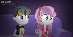 Size: 821x414 | Tagged: safe, artist:lunaticdawn, rumble, sweetie belle, human, equestria girls, g4, blushing, couch, duo, equestria girls-ified, female, food, goggles, goggles on head, male, popcorn, ship:rumbelle, shipping, sitting, smiling, straight, text