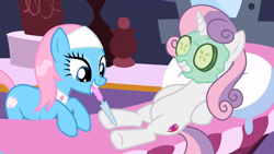 Size: 1366x768 | Tagged: safe, artist:lunaticdawn, lotus blossom, sweetie belle, earth pony, pony, unicorn, g4, cucumber, female, file, food, hooficure, lying down, mare, mud mask, older, older sweetie belle, pillow, relaxing, smiling, spa, spa pony