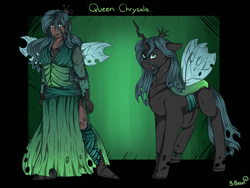 Size: 1280x960 | Tagged: safe, artist:binibean, queen chrysalis, changeling, changeling queen, human, g4, clothes, dark skin, dress, elf ears, female, humanized, moderate dark skin, name, passepartout, signature, solo