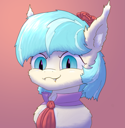 Size: 2147x2200 | Tagged: safe, artist:gosha305, coco pommel, bat pony, earth pony, pony, g4, bat ponified, bust, cheek fluff, chest fluff, clothes, cocobat, cocobetes, cute, cute little fangs, ear fluff, ear tufts, fangs, female, flower, flower in hair, fluffy, gradient background, high collar, high res, juice, mare, necktie, race swap, shocked, slit pupils, solo