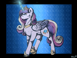 Size: 1280x960 | Tagged: safe, artist:binibean, princess cadance, alicorn, pony, g4, black background, female, glowing, glowing horn, horn, mare, passepartout, patterned background, signature, solo