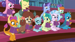 Size: 1920x1080 | Tagged: safe, screencap, berry blend, berry bliss, gallus, huckleberry, november rain, ocellus, peppermint goldylinks, sandbar, silverstream, smolder, yona, changedling, changeling, classical hippogriff, dragon, earth pony, griffon, hippogriff, pegasus, pony, unicorn, yak, g4, season 8, the end in friend, animated, bow, classroom, cloven hooves, colored hooves, dragoness, female, friendship student, gallus is not amused, gif, glowing, glowing horn, hair bow, horn, jewelry, looking right, loop, magic, male, mare, monkey swings, mouth hold, necklace, one of these things is not like the others, stallion, student six, teenager, telekinesis, unamused, writing, writing with mouth