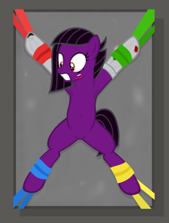 Size: 3442x4548 | Tagged: safe, artist:equestria secret guard, oc, oc only, oc:林官财子, earth pony, pony, unicorn, armpits, bdsm, bed, belly button, bondage, clothes, earth pony oc, featureless crotch, female, frown, gift wrapped, helpless, horn, jewelry, lying down, magic suppression, on back, on bed, paint, scared, sexy, socks, solo, spread eagle, table, teeth, unicorn oc