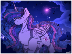 Size: 1280x960 | Tagged: safe, artist:binibean, twilight sparkle, alicorn, pony, g4, the last problem, collarbone, folded wings, just like geoffrey, night, older, older twilight, older twilight sparkle (alicorn), princess twilight 2.0, shooting star, signature, solo, sternocleidomastoid, twilight sparkle (alicorn), wings