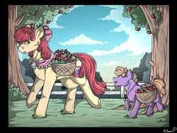 Size: 1280x960 | Tagged: safe, artist:binibean, apple bloom, little mac, earth pony, pony, g4, apple, apple tree, aunt and nephew, basket, clothes, colt, duo, female, foal, goldie delicious' shawl, male, mare, older, older apple bloom, shawl, sweet apple acres, tree, walking