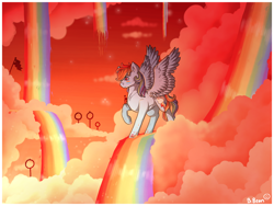 Size: 1280x960 | Tagged: safe, artist:binibean, rainbow dash, pegasus, pony, g4, cloud, face paint, female, mare, on a cloud, rainbow waterfall, raised hoof, signature, solo, spread wings, standing on a cloud, sunset, wings