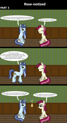 Size: 1920x3516 | Tagged: safe, artist:platinumdrop, roseluck, oc, oc:spiral swirl, earth pony, pony, unicorn, comic:rose-notized, g4, 3 panel comic, comic, commission, dialogue, duo, eyes closed, female, hypnosis, levitation, magic, mare, pendulum swing, pocket watch, sitting, speech bubble, telekinesis, watch